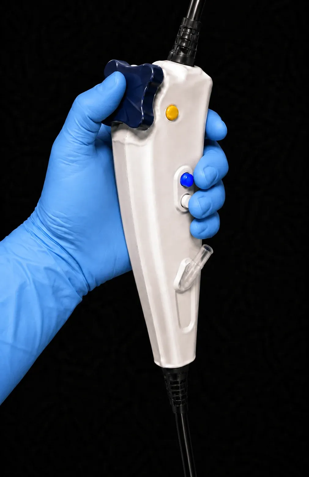 Gloved left hand operating the white duo ORION endoscope handle