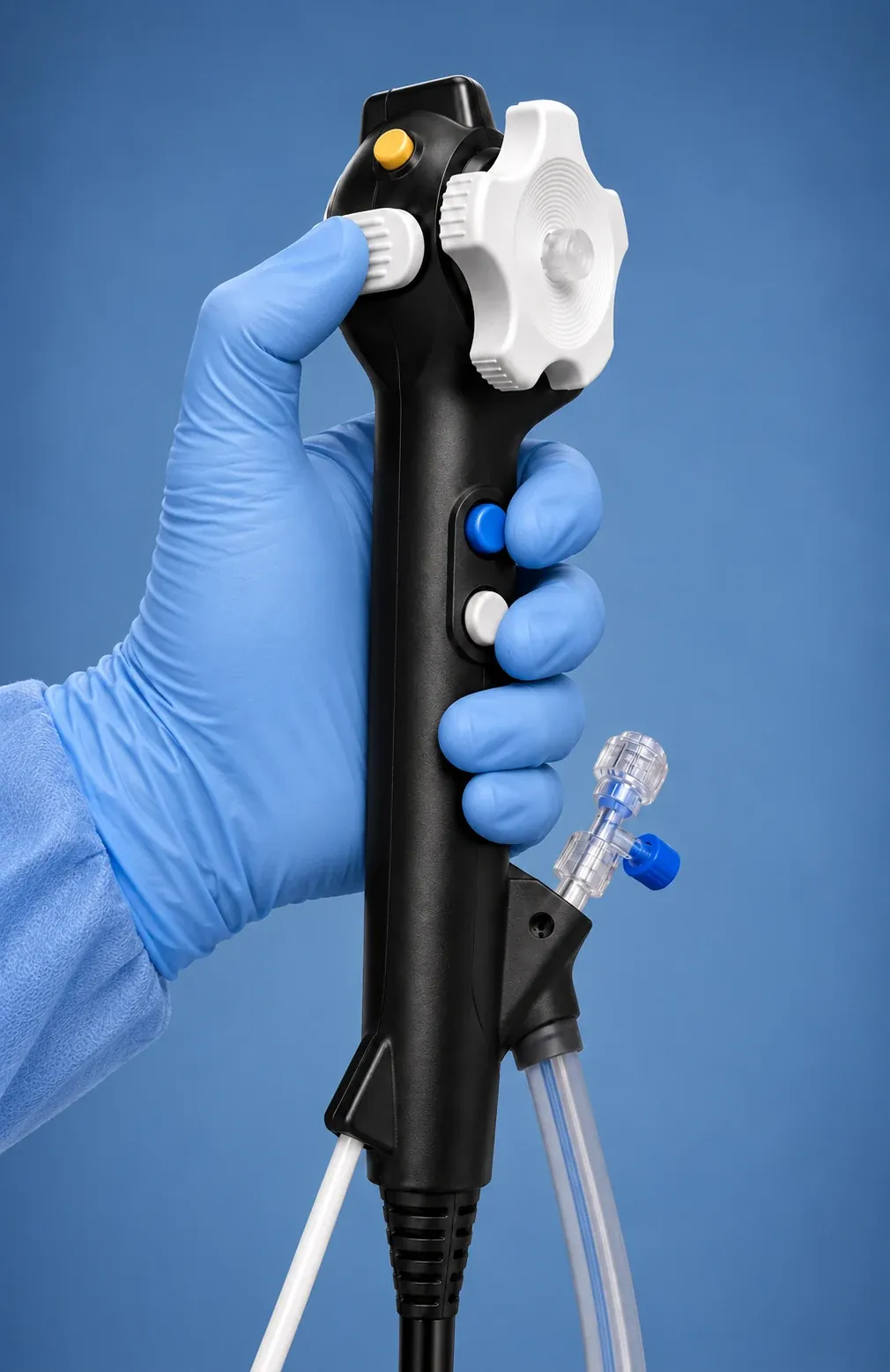 Gloved left hand operating the black ORION Starter endoscope handle