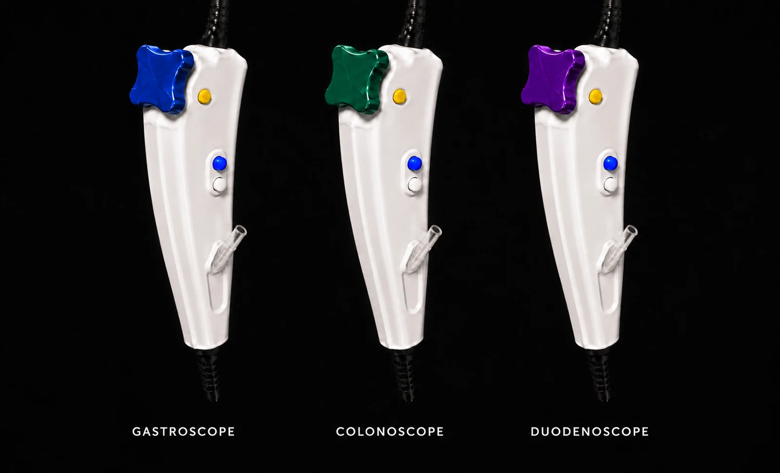 ORION duo development-stage Gastroscope, Colonoscope and Duodenoscope concepts with white handles and blue, green and purple rocker controls